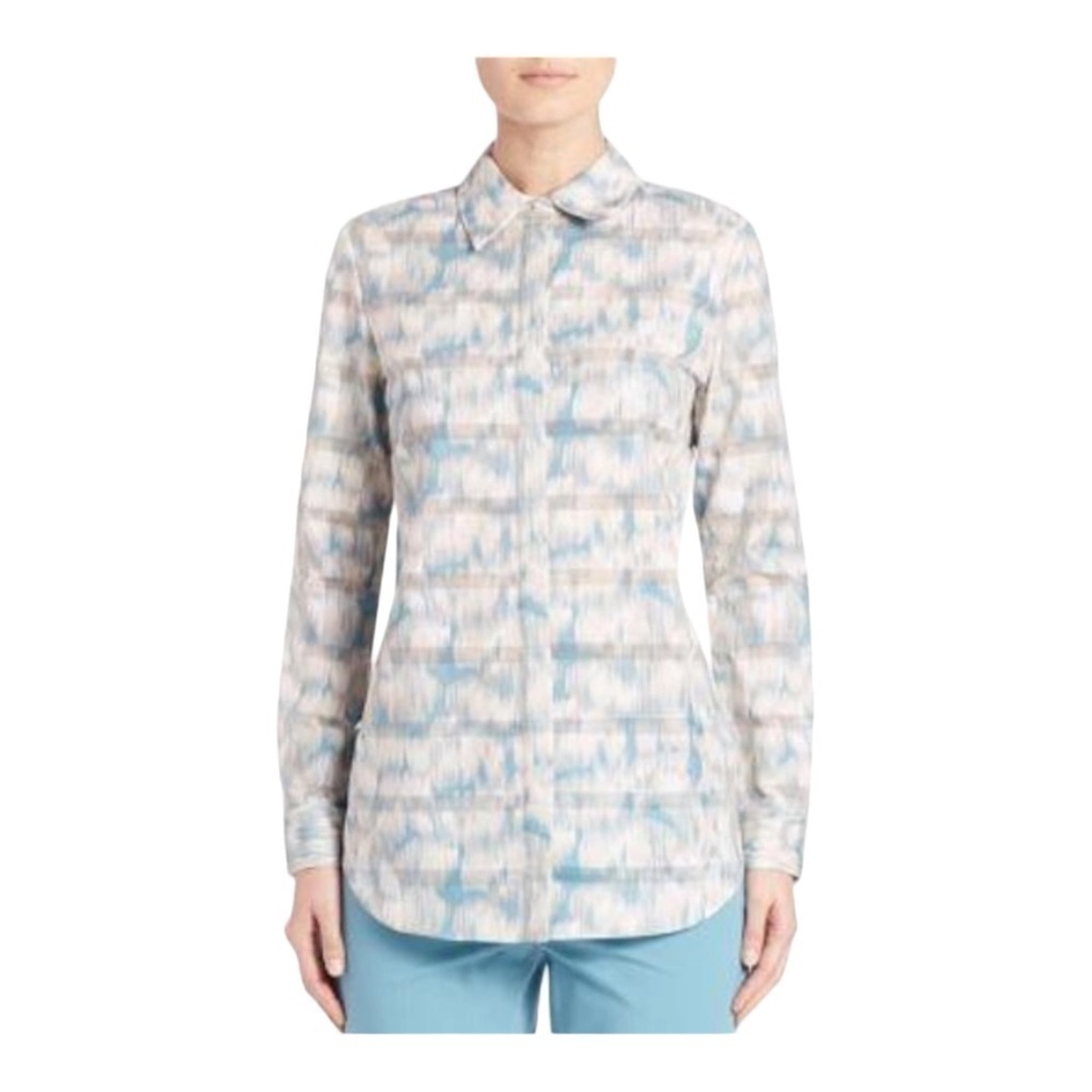 Lafayette 148 Brody Printed Cotton Blouse - Blue Steel